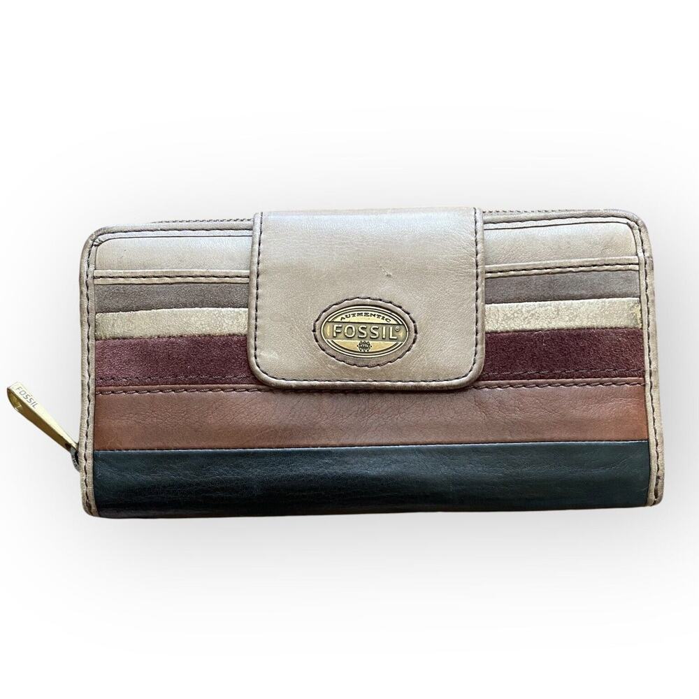 VTG‎ Fossil Multi Color Leather Suede Metallic Patchwork Zip Bifold Tab Wallet
